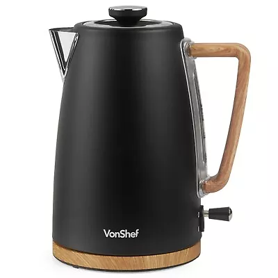 VonShef 1.7L Kettle –  Nordic Black And Wood Rapid Boil 3000W - Fika Range • £44.99
