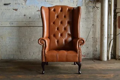 Handmade Vintage Tan Brown Leather Chesterfield Wing Chair High Back • £995