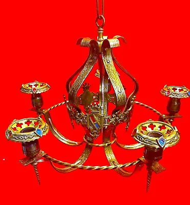 Antique Gothic Family Crest Tudor Shield Bronze Pendant Light Fixture Chandelier • $249