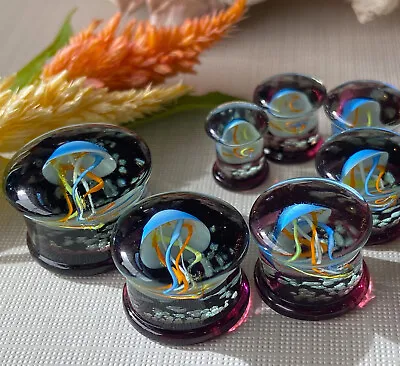 PAIR Multi Color Jellyfish Glass Double Flare Plugs Tunnel Gauges • $16.95