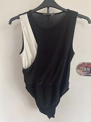 £6 • Buy Double Layer Slink Cut Out Racer White Black Body Suit Key Hole Side Size 18