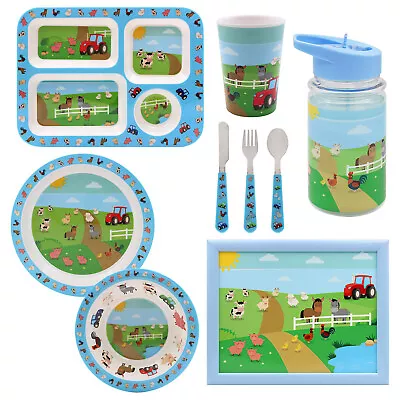 Kids Farm Animals Cutlery Dinner Set Mealtime Tableware Plastic Plates Bowl Cup • £11.49