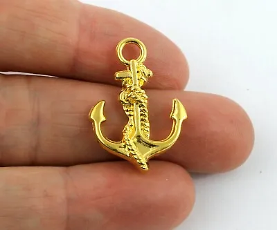 Bright Gold Tone SHIP ANCHOR NAUTICAL Charms Pendant Bead Craft Card Brass • £1.56