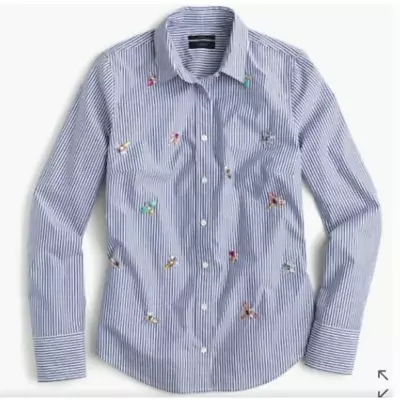 J. Crew Perfect Fit Embellished Shirt Bees & Bugs Jeweled Striped Blue White 4 • $68