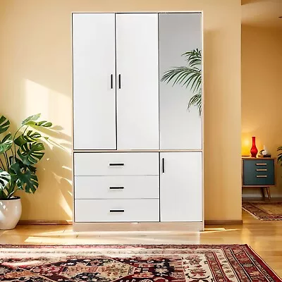 Mirror Armoire Wardrobe Closet 3 Doors White Wooden Freestanding Wardrobe • $459.99