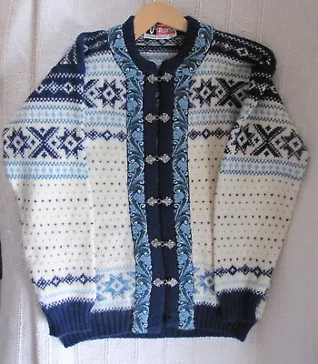 VOSSKNIT NORWAY CARDIGAN Sz M 38ins PURE WOOL BLUE FAIR ISLE NORDIC CLASPS • £39.99