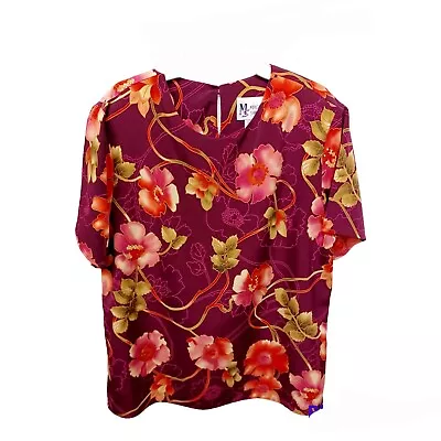 Vintage Maggie Sweet Burgundy Short Sleeve Blouse-M-Back Button-Floral-Made USA • $11.99