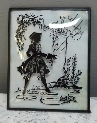 VINTAGE SILHOUETTE Convex Glass Reversed Painted Victorian Man Walking Lamplight • $10.36