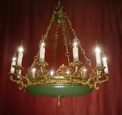 Fine Green Varnish Large Chandelier French Empire Ceiling Lamp 12 Light Ø 31  • $1455