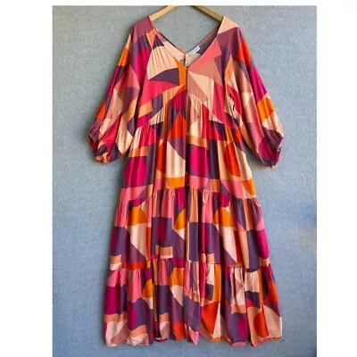 Little Party Dress Womens Sz 14 Colourful Geo Tiered Volume Sleeve Maxi Rayon • $39.99