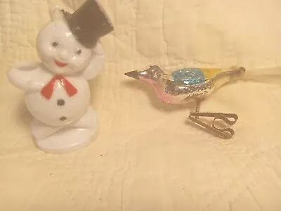 Vintage Snowman Candy Container & Clip On Bird Ornament Glass Spun Tail • $7.50