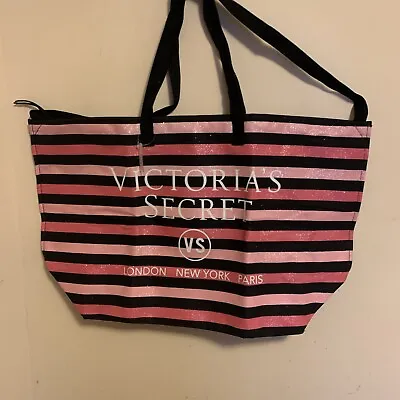 NWT Victoria’s Secret Pink/Black Stripes Weekend Bag Getaway Travel  • $49.99