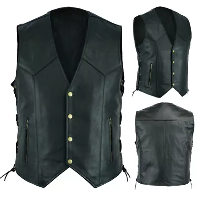 Men Waistcoat Black Motorcycle Vest Biker Side Lace Braided Vest PU Leather • £16.04