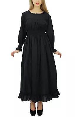 Bimba Women Black Cotton Smocked Waist Long Maxi Dress Boho Chic Summer Dresses • $32.99