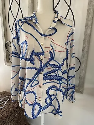 NWT Zara Blouse White Nautical Blue Rope Print Long Sleeve Size L • $48