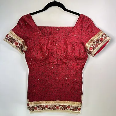 Vtg Indian Saree Choli Dress Top Set Ruby Red Floral Gold Fiber Pallu Edge • $39.95