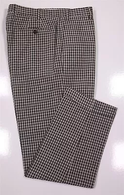 Zanella Devon Brown Gingham Check Wool-Linen Flat Front Dress Pants 36x31 • $39