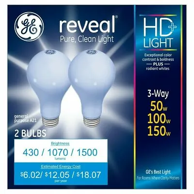 2- Brand New GE Reveal HD 3-way 50/100/150 Watt A21 Pure Clean Light Bulbs • $16.21