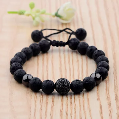 Fashion Luxury Men's Natural Lava Stone Zircon Round 8mm Bead Macrame Bracelets • $2.70