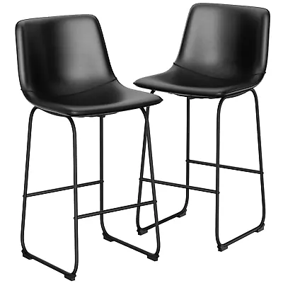 30  Bar Stools Set Of 2 Counter Height With Back PU Leather Dining Chairs Black • $99.99