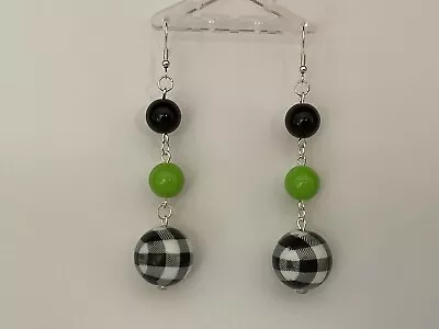 Long Drop 60’s Style Lime Black And White Bead Earrings • £5.50
