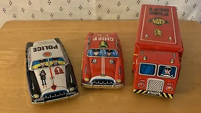 Vintage Fire Chief Tin Truck Dept NO. 63.Red F.D Chief NO.11 Police Car N.O. 11  • $45