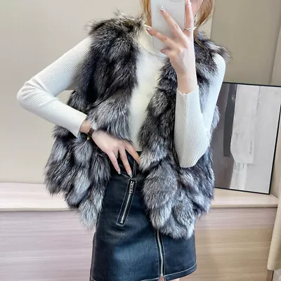 Winter Fox Fur Vest Women's Genuine Silver Fox Fur Gilet Short Coat Waistcoats • $124.40