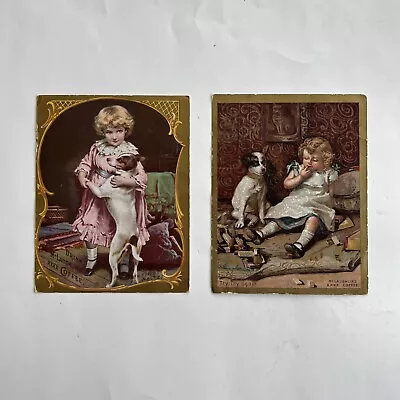 2 Antique Victorian Trade Cards McLaughlin XXXX Coffee Chicago IL Girl Puppy Dog • $18