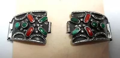 Fred Harvey Era Old Pawn Sterling Silver Turquoise Coral Vintage Watch Band Tips • $125