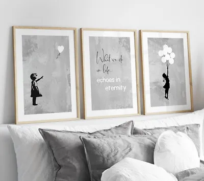 Set Of 3 Banksy Heart Balloon Girl Wall Art Posters Quote Prints Pictures Grey • £12.99