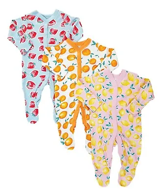 3 Pack Fruit Sleepsuits For Baby Girl.  Age Newborn - 24 Months. Nutmeg. NEW • £12.99