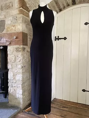 Vintage 90s Miss Selfridge Black High Neck Keyhole Thigh Split Dress Size S 10 • $16.17