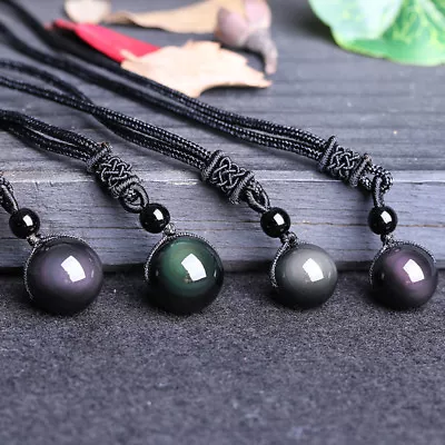 Natural Crystal Black Obsidian Necklace Pendant Stone Rainbow Eye Bead Ball UK • £2.75