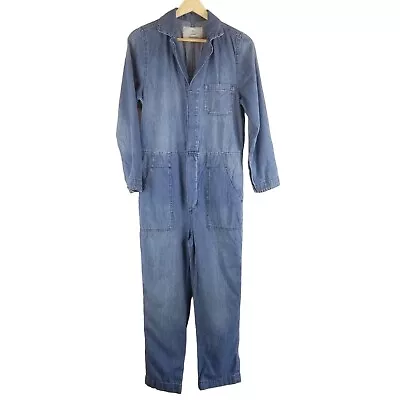 H&M Jumpsuit Coveralls 4 Chambray Button Up Cropped Straight Leg Long Sleeve • $23.99