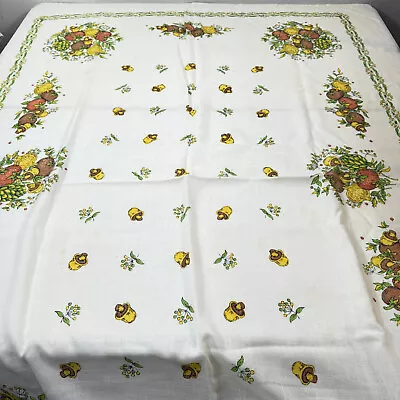 Vintage Tablecloth Brown Yellow Acorns Mushrooms Rectangle Blend Mcm 64x46 • $50