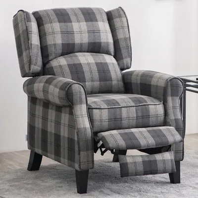 Grey Tartan Orthopedic European Recliner Armchair Sleeper Sofa Chair W/ Footrest • £239.95