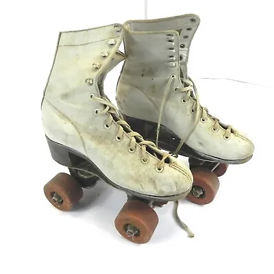 Vintage Pair Of Roller Derby Roller Skates Stiff Leather White Womens Skates Vtg • $40.47