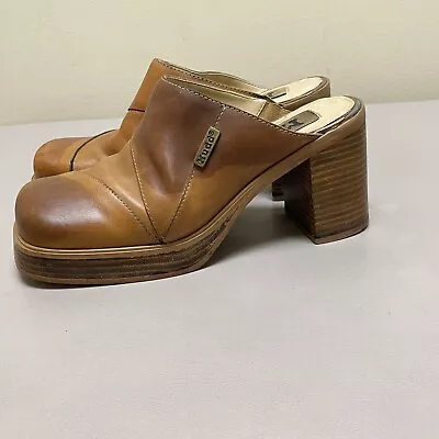 Vintage Mudd Clogs Y2K Riva Women 7.5 Brown Leather Chunky Heel Platform Slip On • $49.99