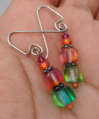 Vintage Art Glass Earrings Square Beads Wire Work Artisan Hooks Multicolor 1.5  • $14