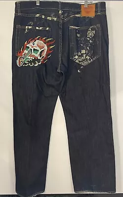 Don Ed Hardy Design Jeans Embroidered Denim Relaxed Skull Motorcycle 42x34 RARE • $110