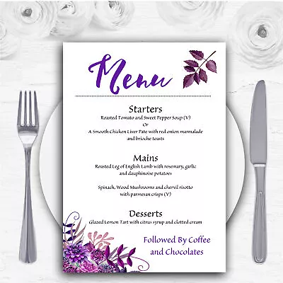 Cadbury Purple Watercolour Florals Personalised Wedding Menu Cards • £63.96