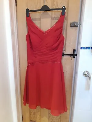 Red Knee Length V-neck Cocktail Bridesmaid Dress Satin Chiffon And Bead Detail • £9.50