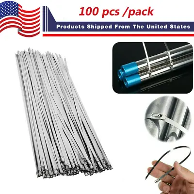 100 Pcs Cable Zip Ties 304 Stainless Steel 12  Exhaust Wrap Coated Metal Locking • $9.99