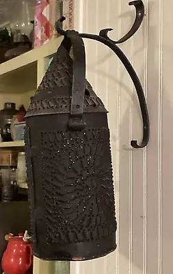 Unusual 1800's  Pierced Tin Candle Lantern W Original Wrought  Iron Wall Bracket • $350