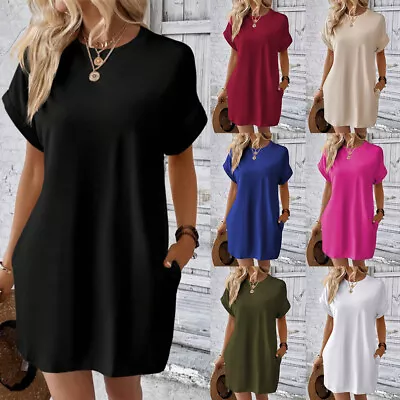 Women Short Sleeve Mini Dress Summer Casual Plain Loose Pockets T-Shirt Dresses • £12.89