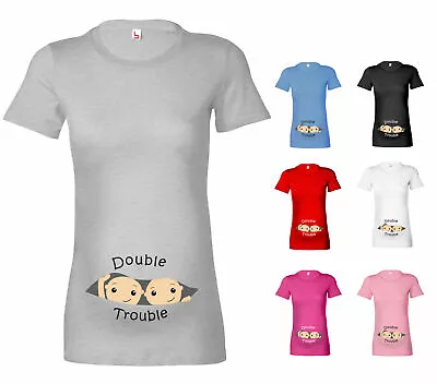 Womens Double Trouble Twins Maternity T-Shirt Pregnancy T Shirt Present Gift • £13.25