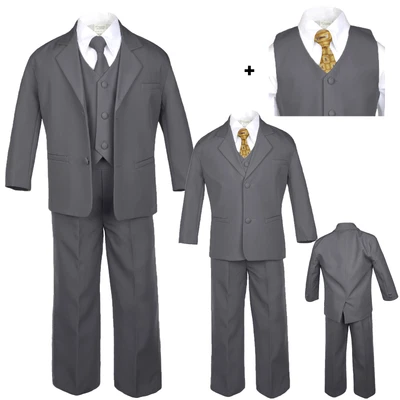 $52.99 • Buy 6pc Baby Toddler Boys Dark Gray Formal Wedding Tuxedo Suits Leopard Necktie S-20