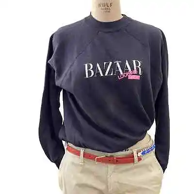 Vintage Harper's Bazaar Magazine Top Fashion Raglan Indigo Sweat Shirt Sz M • $45.25