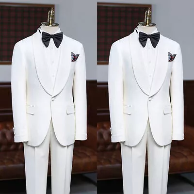 Men 2 Piece White Suits Shawl Lapel Fashion Groom Tuxedos Wedding Formal Suit • $82.71