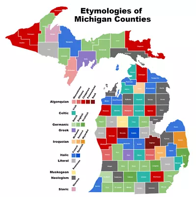 MICHIGAN STATE COUNTY MAP GLOSSY POSTER PICTURE PHOTO PRINT Etymologies 3356 • $14.99